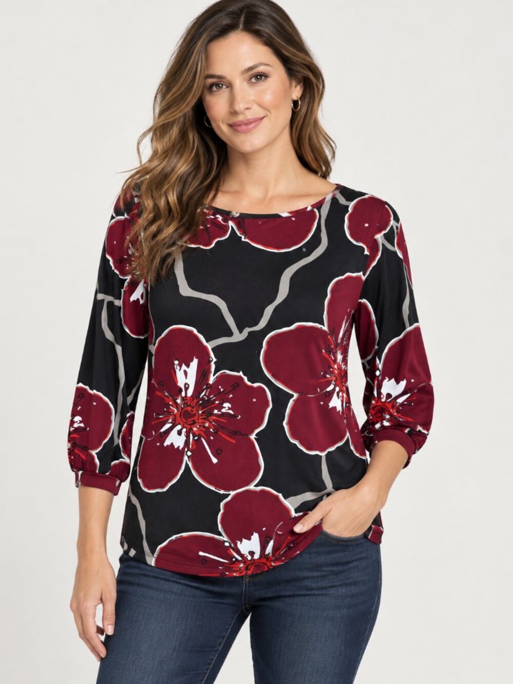 Ann Taylor Women’s Small Black Burgundy Floral 3/4 Sleeve Blouse Top